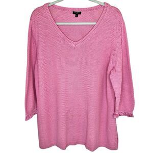 Talbots Pink Cotton V-Neck Tunic Sweater Plus Size 2X 3/4 Sleeves Fringe Trim